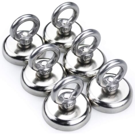 Lot de 6 aimants de pêche puissants en néodyme, force de traction de 50 kg, aimant en terres rares avec trou fraisé, diamètre de l'œillet : 36 mm, pour la récupération en rivière et la pêche magnétiqu (1/4)