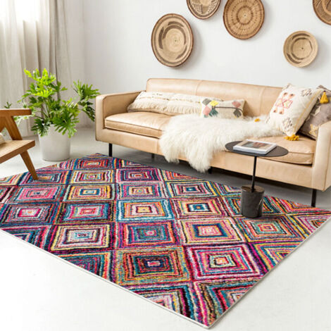 Tapis Moderne 80x160cm Motif Losange Multicolore Salon Chambre Antidérapant Facile à Nettoyer Résistant (1/4)