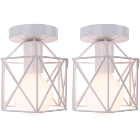 Retro Plafonnier Industrielle en Métal Carré Fer, Suspension Cage Cube Luminaire E27 pour Salon Chambre Café Bar Restaurent Entrée Couloir (Lot de 2 Blanc) (1/4)