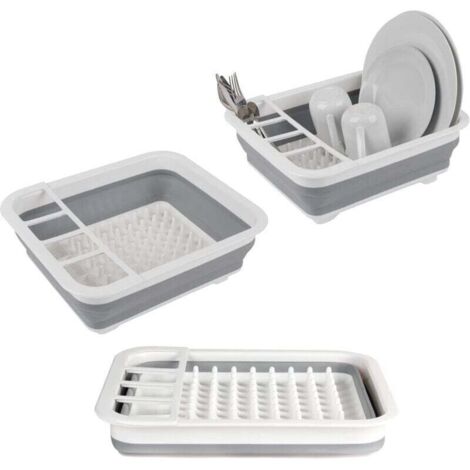 Égouttoir à vaisselle pliable avec porte-ustensile - parfait pour les propriétaires ou le camping, résistant à la déchirure, conception peu encombrante, pieds antidérapants, Gris (1/4)