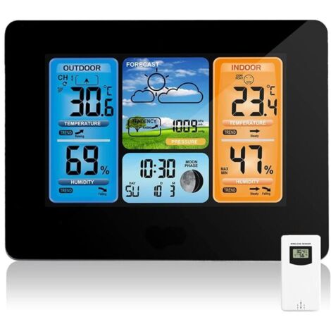 Station Météo sans Fil Station Météo à Prévision Numérique des Couleurs avec Alerte et Température/Humidité/Baromètre/Alarme/Horloge Lunaire/Météo avec Capteur Extérieur (1/5)