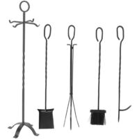Ensemble serviteur de cheminée 5 pièces, ensemble d'outils de cheminée, en métal, accessoires de cheminée, avec balai, pelle, pince, tisonnier et support, noir