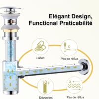 Bonde de lavabo escamotable avec siphon réglable G1/4 fileté, avec trop-plein et anti-odeurs, kit complet pour rénovation de salle de bain - Chrome argenté