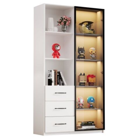 Zqoyn Vitrine LED 80 x 40 x 160 cm - Bibliothèque avec porte en verre trempé et éclairage LED, 3 tiroirs et 3 étagères ouvertes, cadre en aluminium, LED multicolores (1/5)