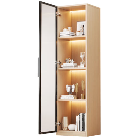 Zqoyn Vitrine avec porte vitrée – 40×40×165 cm, meuble haut et étroit en MDF aspect chêne, avec verre trempé, éclairage LED et charnières à fermeture douce (1/5)