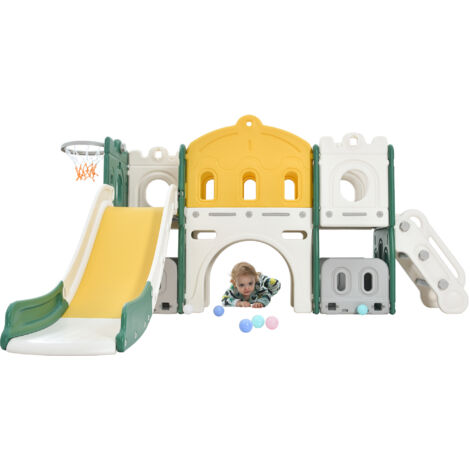 6-in-1-Kinderspielplatz - Mit Basketballkorb, Rutsche, Kletterturm, aus HDPE (Seebälle nicht ausgeschlossen) - Grün