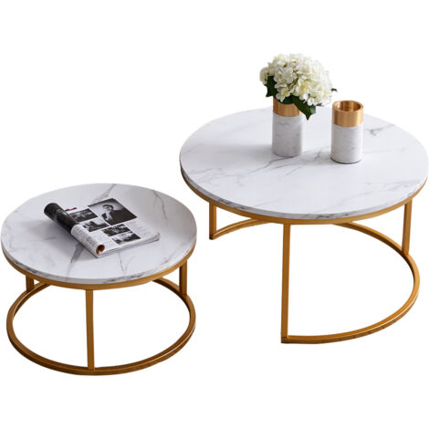 Mesas de centro nido redondas modernas - estructura metálica, tablero efecto mármol - mesa grande: 80 x 45 cm, mesa pequeña: 60 x 33 cm - Dorado