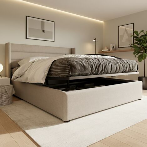 Canapé abatible de 160x200 cm con almacenaje, cama doble de adulto con somier, estructura metálica, tapizado en lino y gran capacidad de almacenaje - Beige