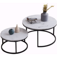 Mesas de centro nido redondas modernas - estructura metálica, tablero efecto mármol - mesa grande: 80 x 45 cm, mesa pequeña: 60 x 33 cm - Negro