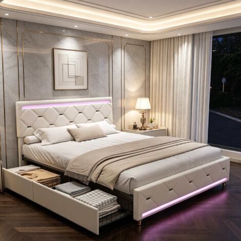 Cama tapizada de 140x190cm – Terciopelo – Cama con cajones y espacio de almacenamiento – Iluminación LED regulable – Puerto USB – Somier de láminas – Estilo moderno