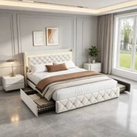Cama tapizada de 140x200cm – Terciopelo – Cama con cajones – Iluminación LED regulable – Puertos USB y Tipo-C