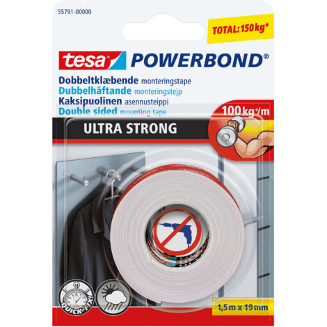 tesa 2x Powerbond ULTRA STRONG - Ruban de montage double face extra résistant pour une fixation permanente à l'extérieur et à l'intérieur - 1,5 m