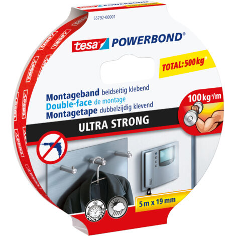 Tesa – Ruban adhésif double face ultra fort 5m x 19mm – Capacité de charge 100 kg/m – Pour bois, pierre et plastique – Application intérieure et extérieure