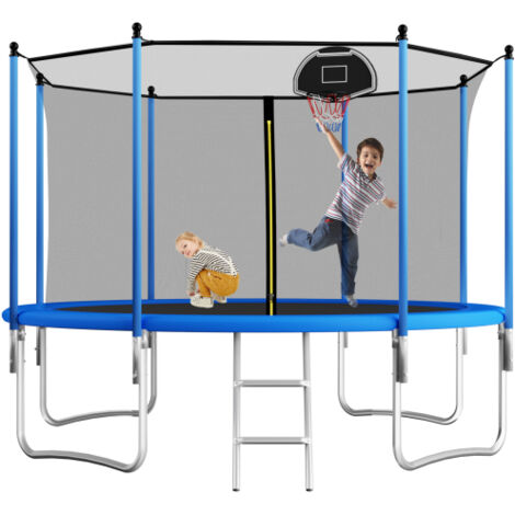 12FT Outdoor Trampoline With Basketball Hoop, Garden Trampoline With Safety Net & Ladder, Available For Toddlers And Adults, Up to 150kg