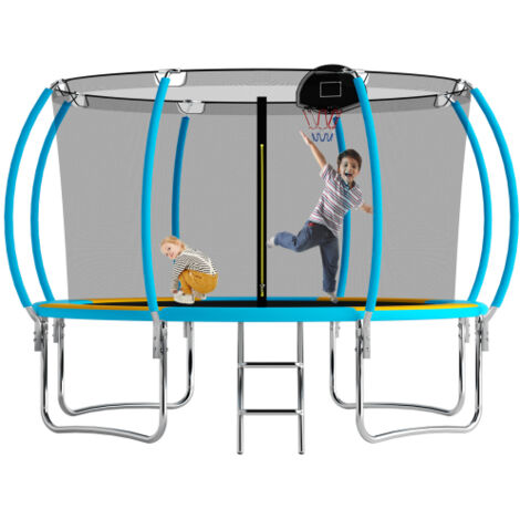Round Trampoline 12FT Outdoor Trampoline With Basketball Hoop, Garden Trampoline With Safety Net & Ladder, Available For Toddlers And Adults, Up to 150kg