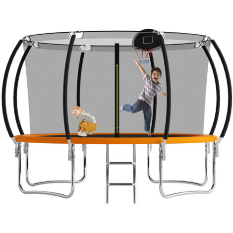 Round Trampoline 12FT Outdoor Trampoline With Basketball Hoop, Garden Trampoline With Safety Net & Ladder, Available For Toddlers And Adults, Up to 150kg