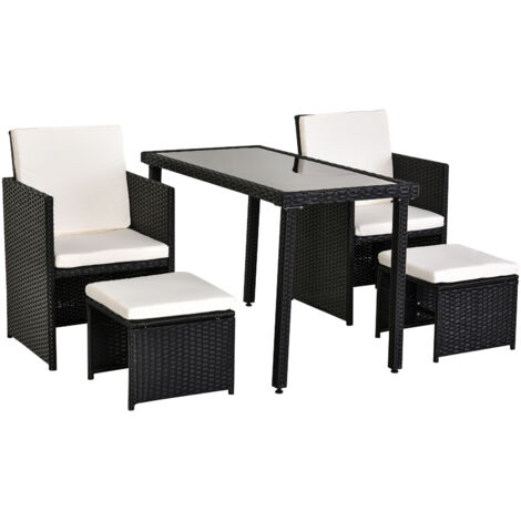 Outsunny Ensemble salon de jardin encastrable 2 fauteuils monoblocs + 2 tabourets + table basse résine tressée 4 fils coussins déhoussables crème noir (1/5)