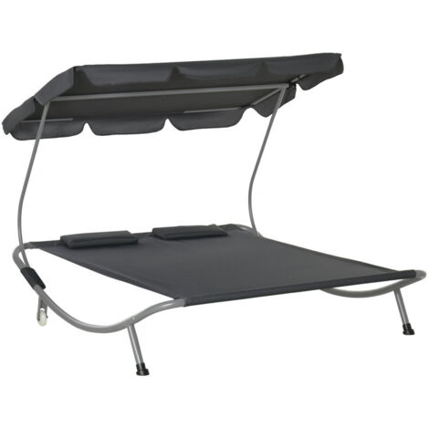 Chaise Longue Double Avec Toit, Chaise Longue Enroulable, Chaise Longue De Détente, Acier, Gris, 200X170X134Cm