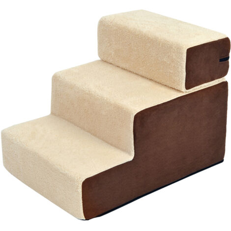 Escalier pour chien animaux rampe 2/3 marches déhoussable dim. 54L x 40l x 39H cm mousse haute densité tissu peluche courte marron crème