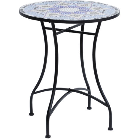 Table ronde style fer forgé bistro plateau mosaïque motif fleur métal époxy anticorrosion noir céramique (1/5)