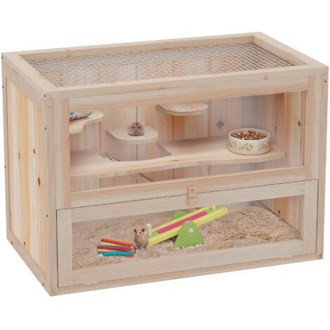 Cage pour hamsters souris petits rongeurs multi-équipements rampe plateformes toit ouvrant grillagé porte bois de sapin plexiglas (1/5)