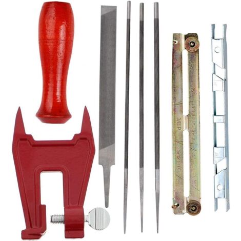 Kit d’aiguiseur de chaîne pour tronçonneuses avec limes de 5/32", 3/16", 7/32", poignée en bois, jauge de profondeur, guide de classement, pochette à outils et étau robuste pour entretien professionne (1/5)