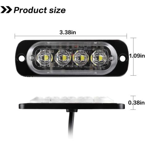 S-giant 4pcs Ultra Mince 4LED Lumières Stroboscopiques d'urgence Blanc Danger Balise Avertissement Clignotant Lumières Universelles Pour Voiture Véhicule Camion 12-24V(Lumière blanche,2M) (1/4)