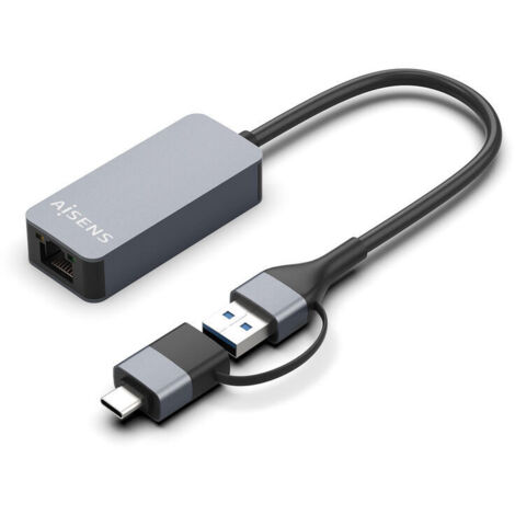 Adaptador USB 3.2 Gen1 Aisens A109-0710/ USB Macho - USB Tipo-C Macho - RJ45 Hembra/ 2500Mbps/ 15cm/ Gris (1/4)