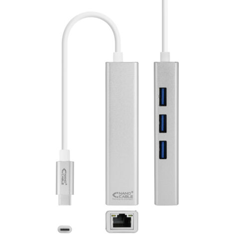 Hub USB 3.0 Tipo-C Nanocable 10.03.0404/ 3 Puertos USB/ 1 RJ45// Gris (1/4)