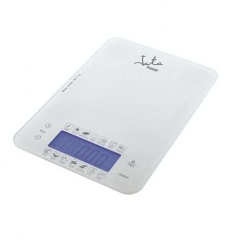 BALANZA COCINA JATA 762 BASE CRISTAL, PULSADOR TACTIL, CALORIAS E HIDRATOS DE CARBONO DE 14 ALIMENTOS, 5KG. (1/2)