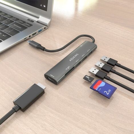AISENS - USB-C DOCK 7 EN 1, USB-C A 1xHDMI, 2xUSB-A USB2.0, 1xUSB-A USB3.0, 1xUSB-C PD 100W, 1xSD, 1xMICRO SD, GRIS, 15CM (1/2)