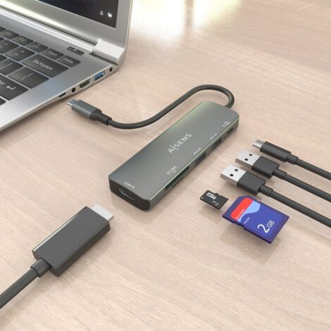 AISENS - USB-C DOCK 6 EN 1, USB-C A 1xHDMI, 2xUSB-A, 1xUSB-C PD 100W, 1xSD, 1xMICRO SD, GRIS, 15CM (1/2)