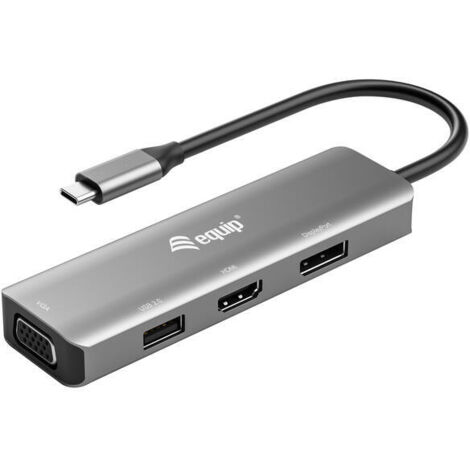 El equip 133485 es un concentrador de puertos 4 en 1 USB-C a HDMI/VGA/DisplayPort/USB 2.0. El adaptador proporciona una manera fácil de agregar HDTV o (1/4)