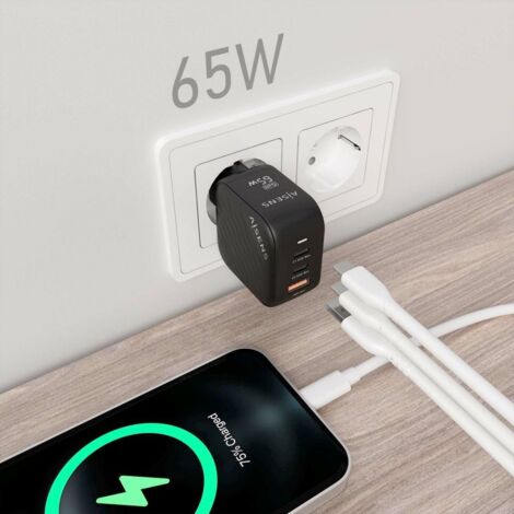 AISENS - CARGADOR GaN 65W, 2xUSB-C PD3.0 QC4.0, 1xUSB-A QC3.0, NEGRO (1/2)