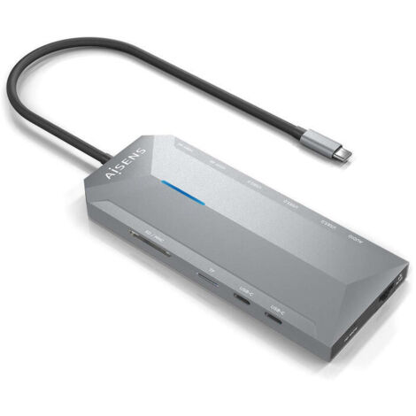 Docking USB Tipo-C Aisens ASUC-12P005-GR/ 2xHDMI/ 3xUSB/ 2xUSB Tipo-C/ 1xRJ45/ 1xAudio/ 1xLector Tarjetas/ 1x Jack/ 1xUSB Tipo-C PD/ Gris (1/4)