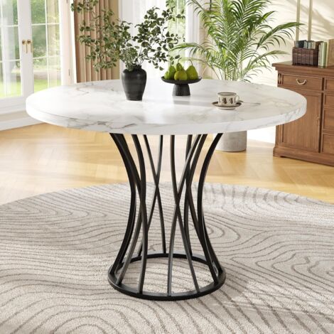 Table à Manger Ronde avec Pieds Noirs et Plateau MDF Effet Marbre, Style Moderne pour Salle à Manger, 80 x 80 x 76 cm – Noir et Blanc (1/5)