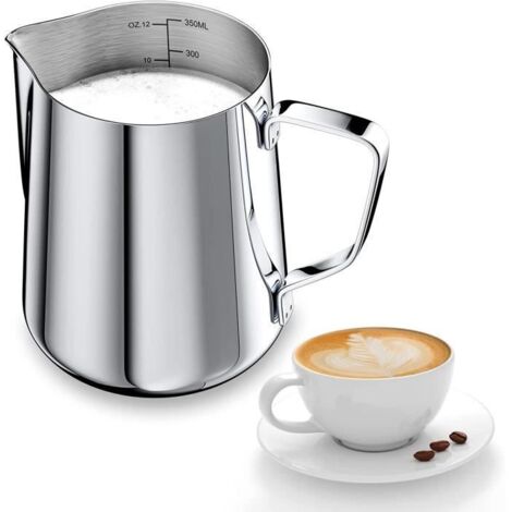 350ml Pot à Lait 304 Inox pour Mousser le Lait, Pichet Lait Inox avec Marque de Mesure 12oz, Tasse a Cafe, Pichet Inox pour (1/4)