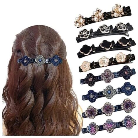 Barrette à Cheveux Latérale à Trois Fleurs,Pinces à Cheveux Tressées en Pierre de Cristal,Barrette Cheveux Femme Latérale en Pierre (1/4)