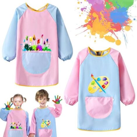 Tablier Peinture Enfant - 2Pcs - Étanche avec Manches - Blanc - Rose - 7 à 12 ans (1/4)