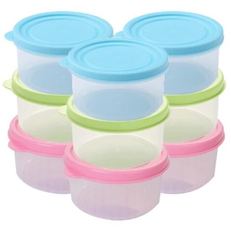 Lot de 9 petites boîtes de conservation avec couvercle en plastique - Jaune, Bleu, Rose - 160 ml - Empilables (1/4)