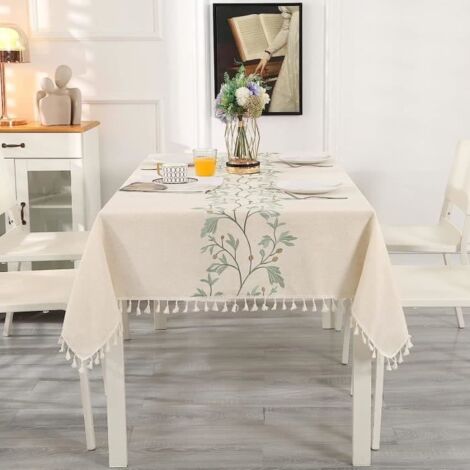 Nappe rectangulaire - Haute Qualité - Beige - 140 x 180 cm - Broderie Feuilles Vertes - Lavable en Machine (1/4)