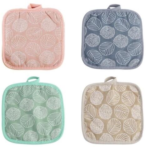 4PCS Manique Cuisine en Coton et Lin Résistants à la Chaleur Motif Feuille Maniques Cuisine Antidérapant avec Trous de Suspension (1/4)