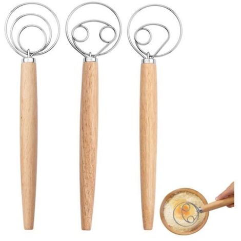 3 pièces Fouet à Pâte, Fouet à pâte danois, Mélangeur à Manche en Bois, Acier Inoxydable Mélangeur Pâte à Main,(3 tailles incluses) (1/4)