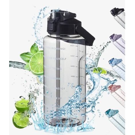 Gourde 2l, Gourde 2l Motivation, Gourde Graduée, avec Poignée, Bouteille d'eau Étanche pour Randonnée Voyage Sports Fitness (Noir) (1/4)