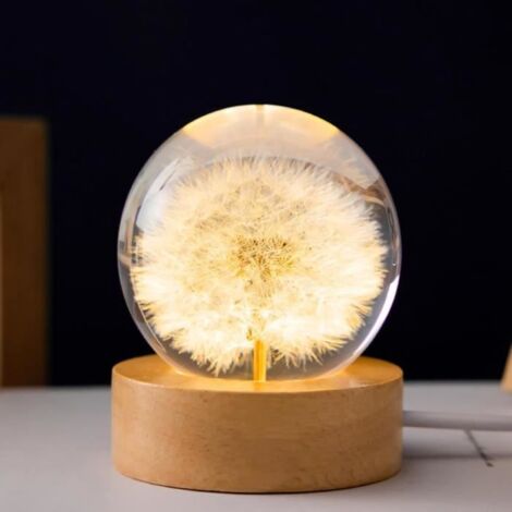 Veilleuse boule de cristal 3D : 6 cm Boule de verre Lampe avec socle en bois USB Lampe de nuit pissenlit dans un verre (1/4)