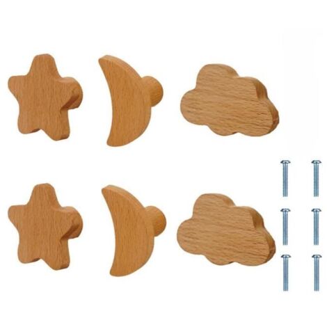 Boutons d'armoire - Non spécifié - Nuage Étoile Lune - Bois - Lot de 6 - 55 mm de diamètre (1/4)