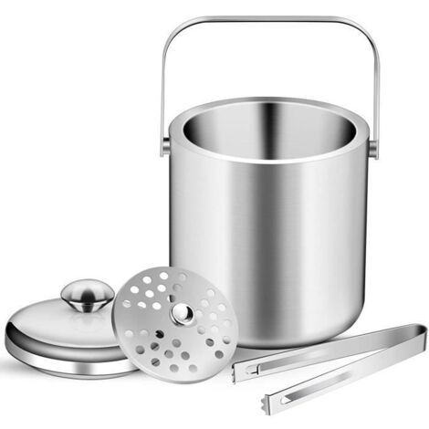 Seau à Glace Isotherme 1,3L avec Pince à Glaçon, Seau à Champagne Double Paroi pour Isolation Long,Rafraîchisseur de bouteille (1/4)
