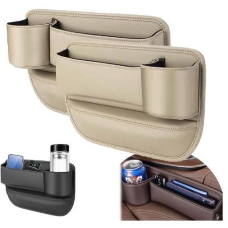 Organisateur de rangement pour siège d'auto - wj - Beige - Cuir PU - Plastique ABS - Porte-gobelet intégré (1/4)