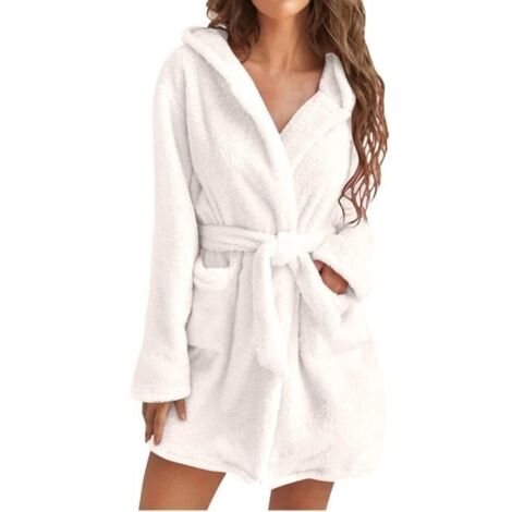 2023 Peignoir polaire femme hiver Couleur Unie Court Poches Latérales Femme Polaire Léger et doux En flanelle Grande taille, blanc (1/4)