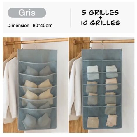 Sac de rangement suspendu à deux côtés pour penderie pour Sous-vêtements,Chaussettes avec support solide en métal-Gris (1/4)
